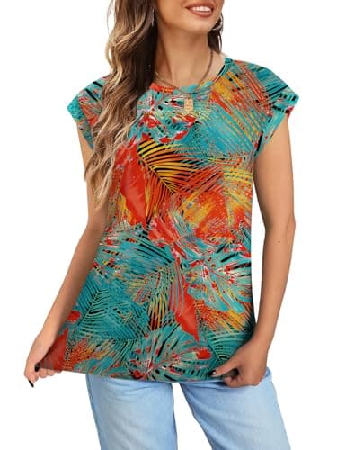 NORACORA Womens Spring Summer Floral Print Blouse Lightweight Cap Sleeve Shirts Dressy Casual Tunic Tshirts Shirts for Women Trendy Tropical Vacation Outfits Tropical Leaves XL - Thumbnail 5