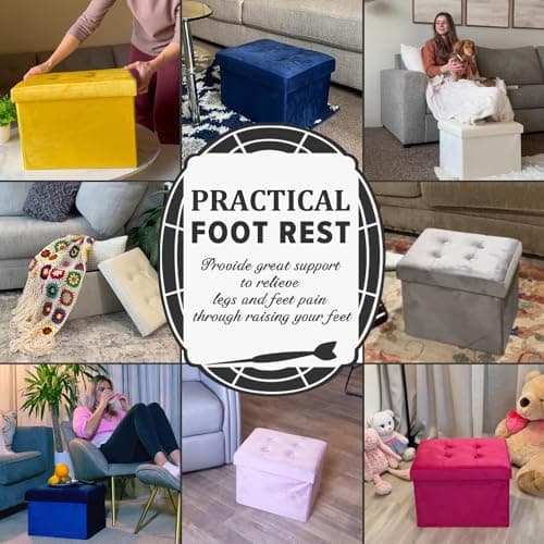 LINMAGCO Small Velvet Ottoman with Storage Rectangle Foot Rest Under Desk Stool for Room Folding Ottoman Furniture with Button turfted-Navy 16X12X12IN - Thumbnail 3