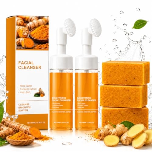 zhnnt 5Pcs Turmeric Wash and Care Set,2Pcs Tuemeric Facial Cleanser & 3 Pcs Turmeric Soap Bars,Face & Body Cleanser,Turmeric Cleansing Skincare Set, Deep Cleansing