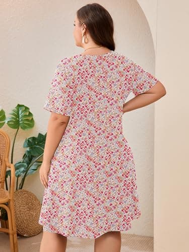 AusLook Plus Size Midi Dress for Women Pink Clustered Blooms 2X Short Sleeve Loose V Neck Summer Casual A Line Knee Length Work Outfit T Shirt 2026 Sundresses with Pockets - Thumbnail 6