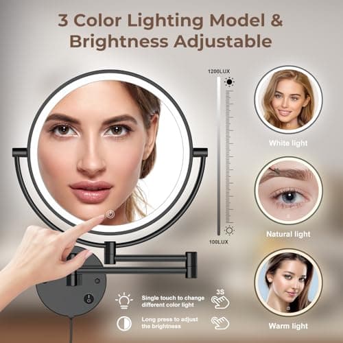 Rocollos 9" Plug-in Wall Mounted Lighted Makeup Mirror 1X/10X Magnification, Super Large Double Sided LED Vanity Mirror for Bathroom (Black) - Thumbnail 4