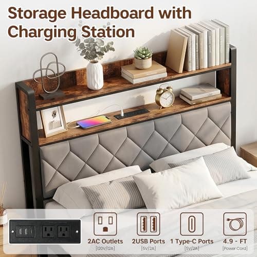BOVONO Queen Bed Frame with Charging Station, Upholstered Headboard, Metal Platform Bed Frames with 2-Tier Open Shelves, No Box Spring Needed, No-Noise, Grey, Bedroom Furniture Gift - Thumbnail 3