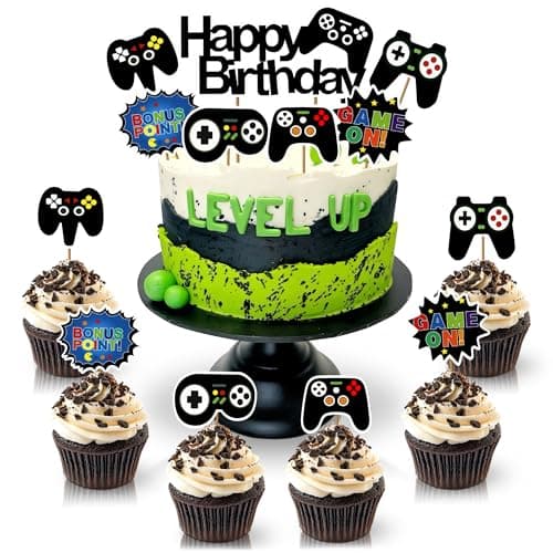 13Pcs Video Game Cake Topper - Cardboard Gamer Cake Decorations with Big & Small Toppers with Gamepad-Themed Design, Easy to Install - Colorful Video Game Birthday Decorations for Boys & Girls Parties - Image 1