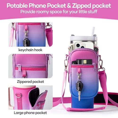 linmaya Water Bottle Carrier Bag for Stanley Cup 40/30oz with Phone Holder Pockets,Neoprene Water Bottle Cross-body Bag with Adjustable Shoulder & Hand Strap Stanley Cup Accessories - Thumbnail 3