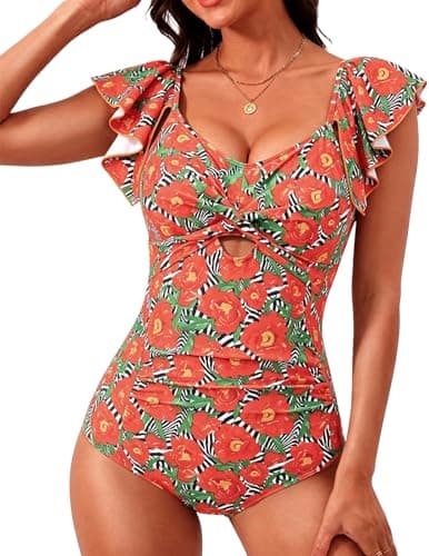 VIAURBE One Piece Ruffle Swimsuit Tummy Control Bathing Suit V Neck Swim Suit Slimming Swimwear Red Flower XL - Image 1