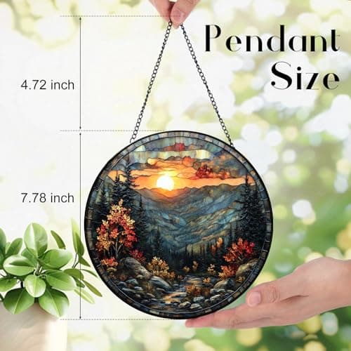 Zizzie Stained Glass Mountain River Suncatcher - 7.9" Real Glass Autumn Landscape Sunset Window Hanging, Weatherproof Rustic Cabin Lodge Decor, Nature Lover Memorial Gift for Dad Mom Men - Thumbnail 3