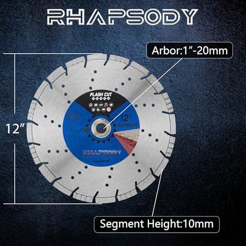 RHAPSODY 12 Inch Laser Welded Diamond Saw Blade, Segmented Supreme Diamond Blade All Purpose Dry/Wet Cutting Hard/Reinforced Concrete, Asphalt,Granite, Masonry, Brick, Block,1"-20mm Arbor - Thumbnail 2