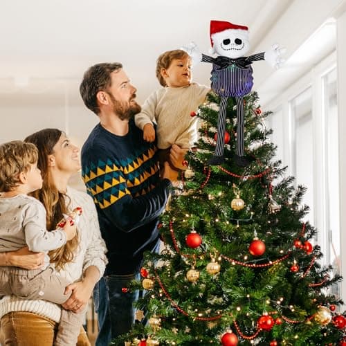 Christmas Tree Topper with Colorful String Light, Stretchable Body Jack Huggers with Santa Hat, Poseable Handmade Tree Topper for Halloween Christmas Party Decor (Jack Tree Topper) - Thumbnail 2