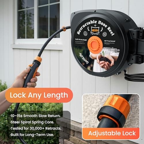 Retractable Garden Hose Reel, 1/2 in x 65 ft Wall Mounted Hose Reel Heavy Duty with 10-Function Sprayer Nozzle, Any Length Lock, Slow Return System, 180°Swivel Bracke for Large Yard Lawn Car Washing - Thumbnail 2