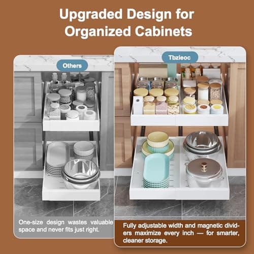 Tbzieoc 2-Pack Expandable Pull Out Drawers for Cabinets, 21" Deep Each, Adjustable 12–20" Width – Magnetic Dividers, Optional Riser, Heavy-Duty 3-Rail Glide, No-Drill Roll-Out Shelf Organizers, White - Thumbnail 5