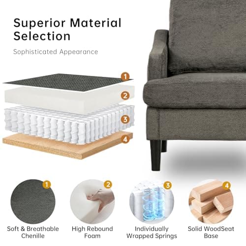 XYPFURN Accent Chairs Set of 2 for Living Room, Mid Century Modern Reading Chair with Side Storage Pocket, Comfy Upholstered Armchair with Solid Wood Legs for Bedroom, Office, Waiting Room (Gray) - Thumbnail 4