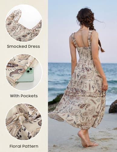 Women's 2026 Summer Floral Boho Dress Square Neck Easter Casual Sundress Apricot M - Thumbnail 4