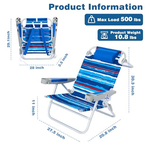 SUNNYFEEL Extra Wide Low Beach Chair 2 Pack 5 Position Lay Flat 500 LBS Heavy Duty, XL Oversized Folding Camping Chairs with Cup Holder for Outdoor/Sand, Portable Backpack Beach Chair for Adults - Thumbnail 2