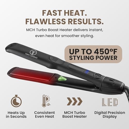 Tony Odisho Black Germanium Flat Iron Hair Straightener – 1.25″ Floating Plates, Ionic Fast-Heat MCH, Digital 180–450°F, Frizz Control, 60-Min Auto Shutoff, 8.5-ft Swivel Cord, Salon Professional - Thumbnail 2