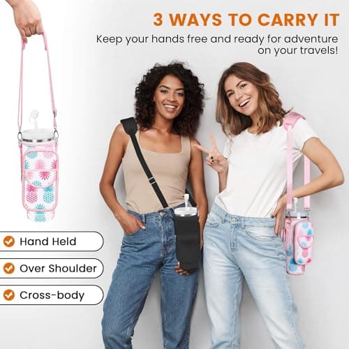 BOCMTR Water Bottle Holder with Strap for Stanley 30/40 oz Tumbler, Fashion Stanley Cup Bag with Big Phone Pocket, Silicone Boot, Straw Cover & Leak Proof Stoppers (Pineapple) - Thumbnail 2