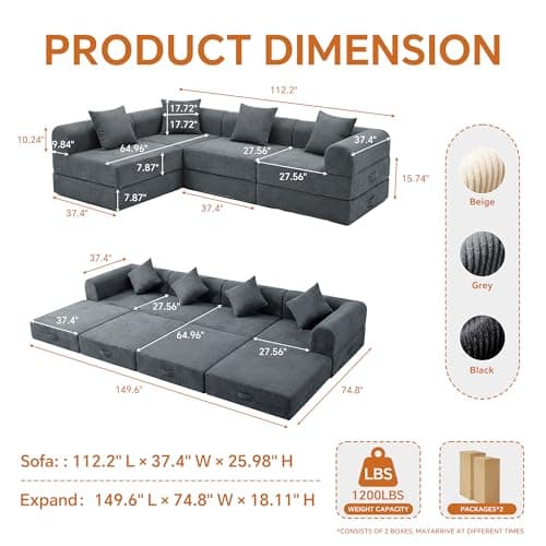 ceamorfco 112 Inch Modular Cloud Couch Sectional with 4 Pillows, Corduroy 4-Seat Convertible Sofa Bed for Living Room, Deep Seat Floor Sofa, High-Density Foam Modular Sectional Sofa, Grey - Thumbnail 2