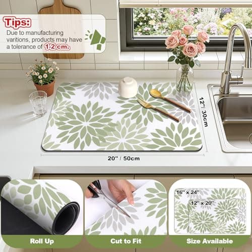 Findosom Floral Dish Drying Mat, 12" x 20" Super Absorbent & Hide Stain Coffee Mat, Cuttable Drying Mat for Kitchen Counter, Under Dish Rack, Coffee Maker, Espresso Machine, Sage Green - Thumbnail 2