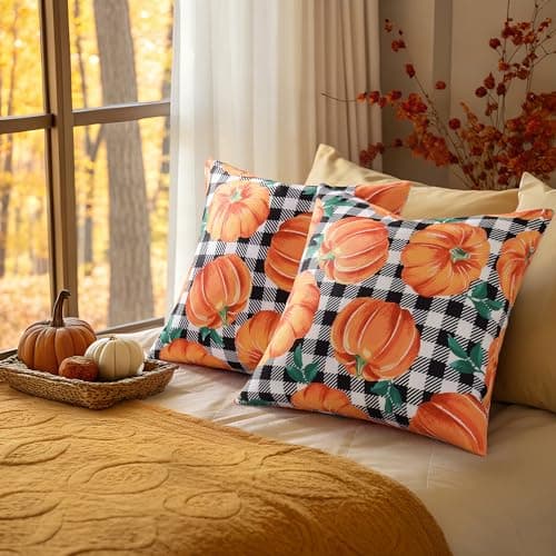 decorUhome Summer Orange Pumpkin Linen Decorative Throw Pillow Covers 18x18 Set of 2 Buffalo Plaid Check Farmhouse Gingham Cushion Covers for Couch Sofa Bed - Thumbnail 5