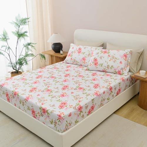 Twin Size Bed Sheets Set Deep Pockets - 6PC Floral Ultra Soft Microfiber Bed Sheets - Easy to Clean, 90 Thread Count Sheets Includes 1 Fitted, 1 Flat, 2 Pillowcases (Pink/Green Floral) - Thumbnail 6