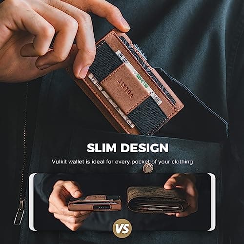 VULKIT Mens Minimalist Wallet for Max. 8 Cards with Pop-Up Credit Card Ejector RFID Blocking, ID Window and Elastic Strap for Bills or Keyring, Gift Box Packed, Brown - Thumbnail 3