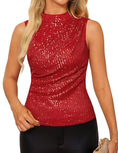 Vest Crop Cami Sleeveless Glitter Shirts Party Sparkly for Women Shimmer Club Top Sequin Tank Tops Red X-Large - Image 1