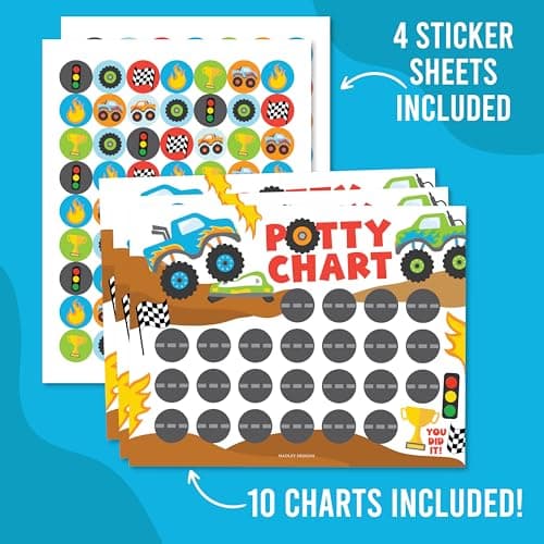 Hadley Designs Potty Training Chart for Toddlers Boys -10 Sticker Potty Chart for Toddlers Boys, 8.5x11" Potty Training Sticker Charts for Toilet Success, Monster Truck Toddler Reward Chart for Kids - Thumbnail 4