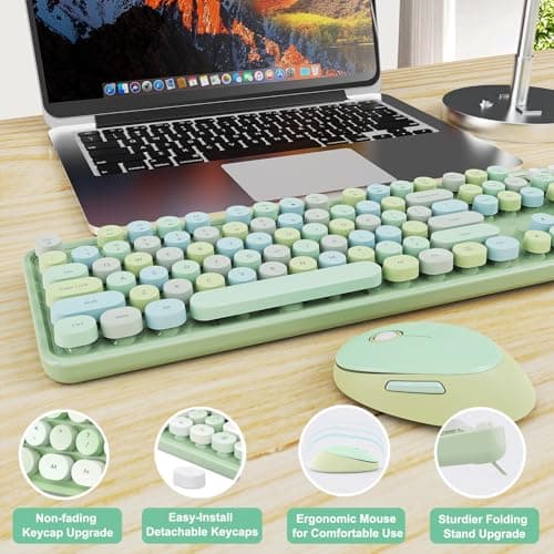 Wireless Keyboard and Mouse Combo, Ergonomic Full Size Typewriter Retro Round Keycaps Keyboard, Compatible with Windows, PC, Perfer for Home and Office Keyboards (Green - Thumbnail 6