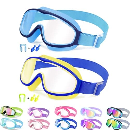 2 Pack Kids Swim Goggles for 3-14, Fabric Strap Wide View Anti Fog& UV