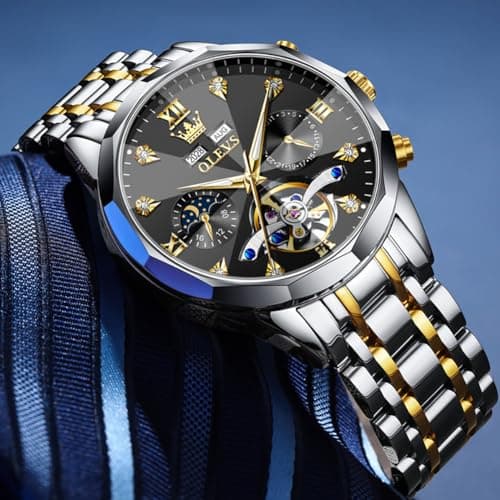 OLEVS Automatic Watches for Men Black Luxury Sliver and Gold Mechanical Waterproof Men Wrist Watch Fashion Self Winding Mens Watches Two Tone Stainless Steel No Battery Watch Reloj para Hombre - Thumbnail 2