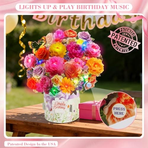 XTF2015 Birthday Cards with MUSIC & LIGHTS, Happy Birthday Card, Peony & Butterfly, 13 Inch Life Sized Forever Flower Bouquet 3D Pop Up Music Cards for Mom Daughter Women Wife - Thumbnail 2