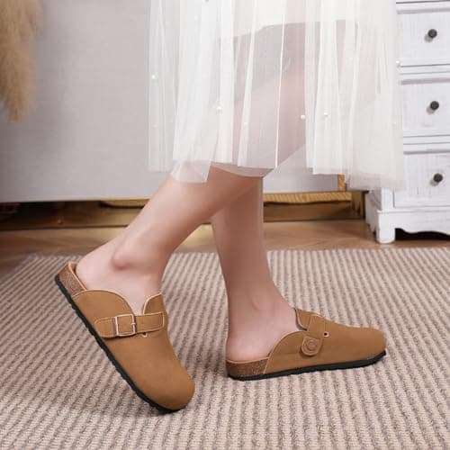Dumalum Suede Brown Clogs for Women & Men - Comfort Cork Footbed with Arch Support - Adjustable Buckle Mules Slip-On Sandals Unisex Potato Shoes Home Slippers - Thumbnail 3