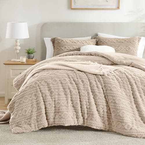 Homelike Moment Fluffy Comforter Set Queen Size, Beige Sherpa Fleece Marshmallow Comforter Full Size, Luxury Fuzzy Warm Bed Set for Winter 3 Piece - Image 1