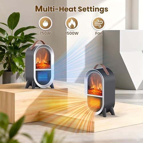 Riseon Portable Electric Fireplace Heater, 1500W/750W Mini Space Heater for Indoor Use with 3D Flame, Thermostat, Carry Handle, Overheat & Tipover Protection, for Home Office Bedroom Desk, Black - Thumbnail 6