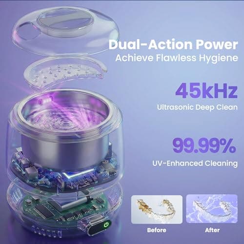 ELFOIS Ultrasonic Retainer Cleaner Machine with UV — 45kHz Countertop Dental Pod, 4 Cleaning Modes, Detachable Design for Invisalign, Aligners, Night Guards, Mouth Guards and Dentures - Thumbnail 4