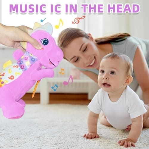 Baby Dino Musical Stuffed Animal Toys for 0-3-6-9-12 Months，Infant Dinosaur Tummy Time Toys with Crinkle Sound Paper,Teether，Textures & Rattles for Newborn Boys Girls Birthday Gifts，Purple - Thumbnail 2