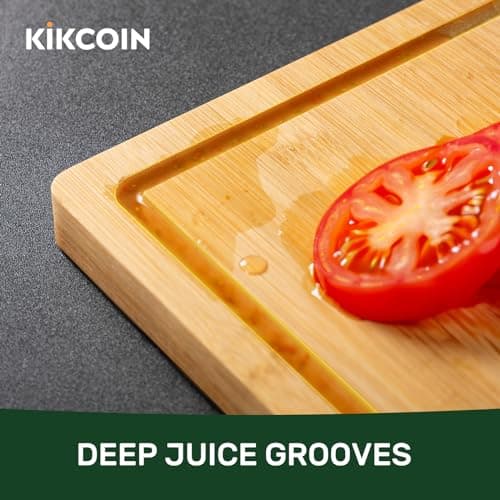 Kikcoin 17”×11” Bamboo Cutting Boards for Kitchen, Healthy Wooden Cutting Boards for Kitchen, Charcuterie, Vegetables, Cheese, Extra Large Chopping Boards with Deep Juice Groove and Handle, Natural - Thumbnail 4