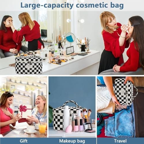 Gosect Large Makeup Bag, Cute Cosmetic Bag for Women Girls, Floral Coquette Aesthetic Toiletry Bag, Travel Make Up Organizer Bag (Black Checkered) - Thumbnail 6