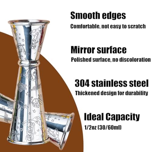 Jigger for Bartending, Cocktail Jigger 2 oz 1 oz with Measurements Inside, 304 Stainless Steel Jigger, bar Accessories, Cocktail Measuring Cup, Silver, Etched - Thumbnail 3