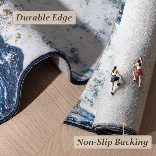 GEMBED Washable Area Rug 6x9 - Artistic Style Modern Rug for Living Room Bedroom Dining Room, Soft Low Pile Machine Washable Carpet, Non Slip Non Shedding Area Rug - Dark Blue/Gold, 6'x9' - Thumbnail 4