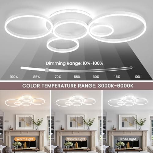 Modern LED Ceiling Light White Flush Mount Ceiling Light Dimmable Dining Room Light Fixtures with Remote 5 Rings Acrylic Kitchen Lighting Fixtures Ceiling Lamp for Living Room Bedroom (White, 5 Rings) - Thumbnail 3