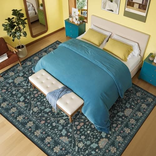 Vibrug 8x10 Area Rugs for Living Room, Floral Vintage Washable Rugs, Soft Boho Non-Slip Low Pile Carpets, Large Area Rug for Dining Room Bedroom Farmhouse Home Indoor Nursery, Dark Blue