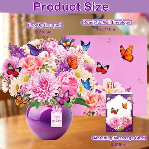 Rayilyn Happy Birthday Musical Cards for Women Mom, 3D Pop-Up Greeting Card with Light & Music, 10 Inch Peony & Gerbera Flower Bouquet & Butterflies Design Gift Card for Woman, Lady, Sister - Thumbnail 6