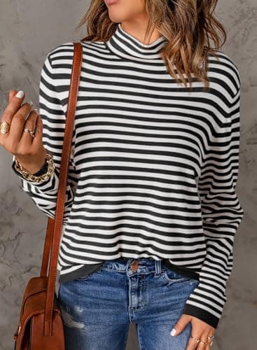 Dokotoo Spring Sweaters for Women 2026 Trendy Turtleneck Black Stripe Pullover Shirts Knit Sweater Casual Long Sleeve Jumpers Tops Shirts Sweaters Medium - Thumbnail 3