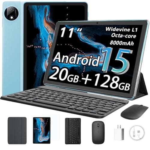 HUIHUANG Tablet with Keyboard | Android 15 | 20GBRAM+128 Storage(Expand to 1TB), 8000mAh Battery | Widevine L1, 11 in Tablet with 5G/2.4G WiFi | BT5.0 | GMS Certified | Keyboard Mouse | Case (Blue) - Image 1