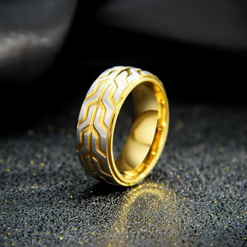 SYDNFZY Mens Wedding Band Ring - 8mm Fashion Classic Stainless Steel Engagement Promise Rings for Men Women, Cool Tire Tread Pattern Ring for Men Biker Bands Comfort Fit Jewelry Gift Ring Size 7 8 9 10 11 (Gold, 8) - Thumbnail 6