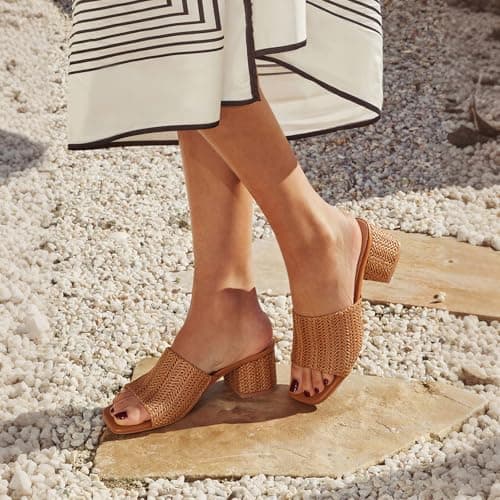 MeiLuSi Womens Raffia Slide Sandals Chunky Block Heels Square Open Toe Summer Sandals Vacation Dressy Shoes Beach Slides Slip On Raffia Brown Size 6 - Thumbnail 2