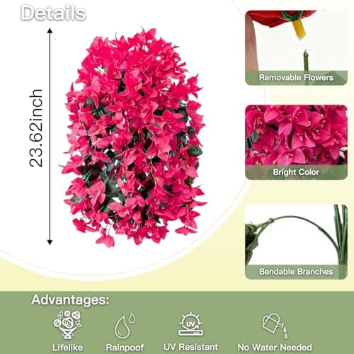 capirosa Artificial Flowers for Outdoors Fake Hot Pink Bougainvillea Hanging Flower Decoration, 2Pcs Realistic Faux Silk Plants Long Trailing Vines, Spring Decor for Porch Patio Balcony Planter Yard - Thumbnail 4