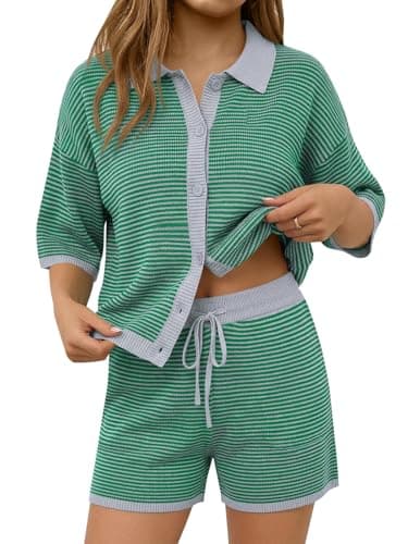Saodimallsu Womens Short Sets 2 Piece Outfits Summer Half Sleeve Knit Cardigan High Waisted Shorts Matching Sets - Image 1