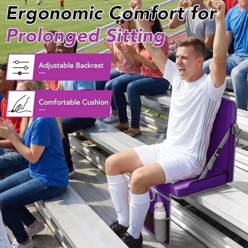 janiry Stadium Seats with Back Support 2PACKS Adjustable Bleacher Chairs with Back and Cushion Bleacher Seat with Cup Holder, Carry Handle & Shoulder Strap for Outdoor Sports Events, XL Large Purple - Thumbnail 4