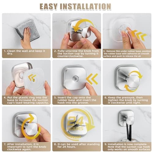 Fenas No-Drill Reusable Suction Cup Hooks, 2-Pack Brushed Nickel – Towel, Robe, Loofah, Coat Hook for Glass, Mirror, Tile, Shower, Bathroom, Kitchen & Metal (Smooth, Non-Porous Surfaces) - Thumbnail 4